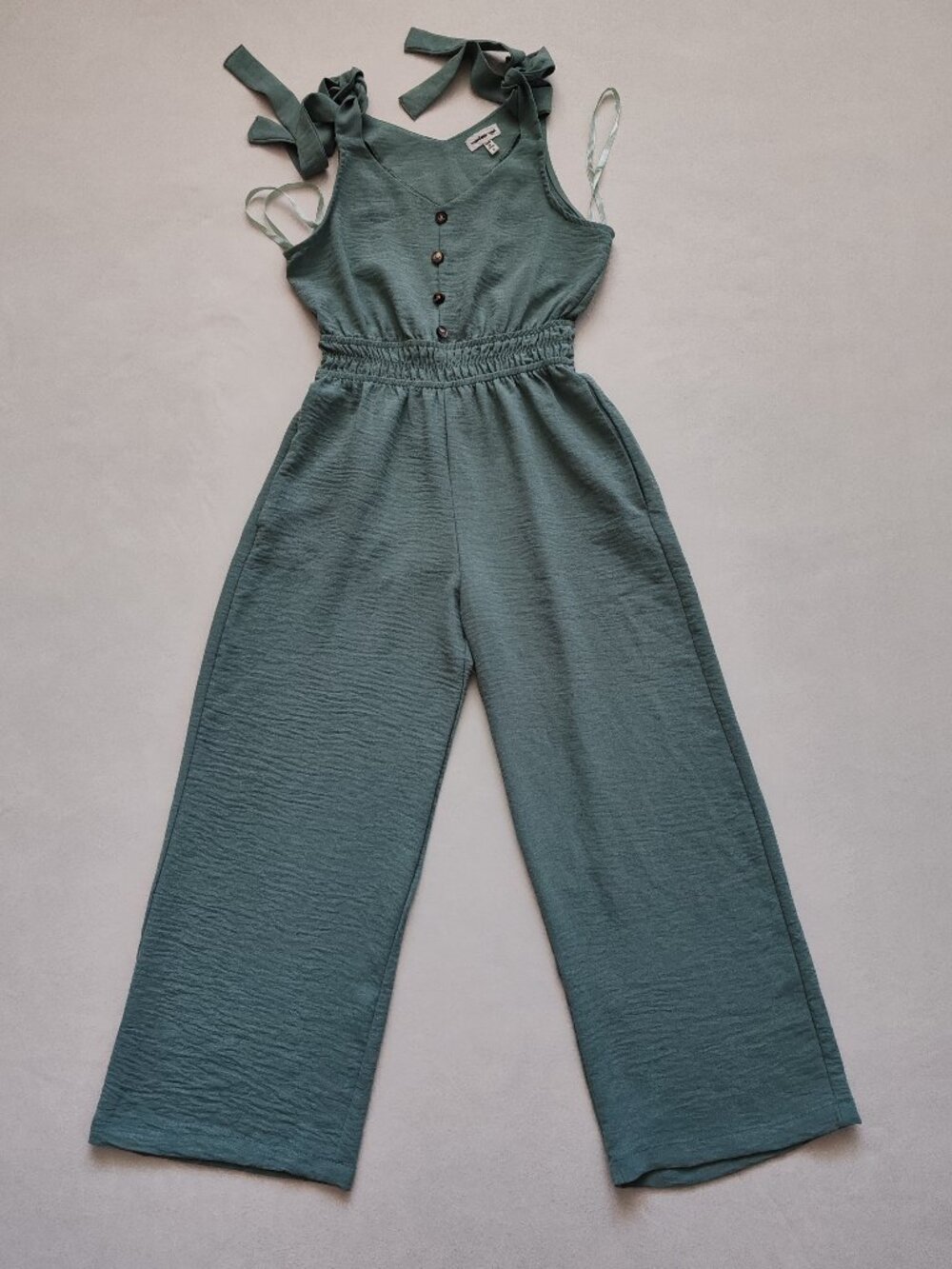 Monteau Girl Sage Green Tie Strap Jumpsuit Girls Size 8 Wide Leg Pockets Boho